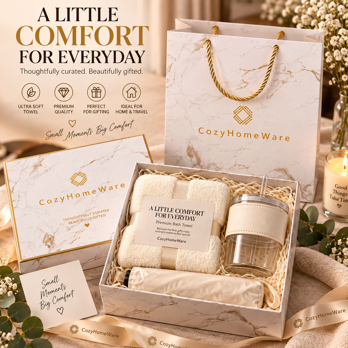 Luxury Cozy Gift Set with Towel, Glass Tumbler & Mini Umbrella | Premium Gift Box + Gift Bag | Birthday & Christmas Gift