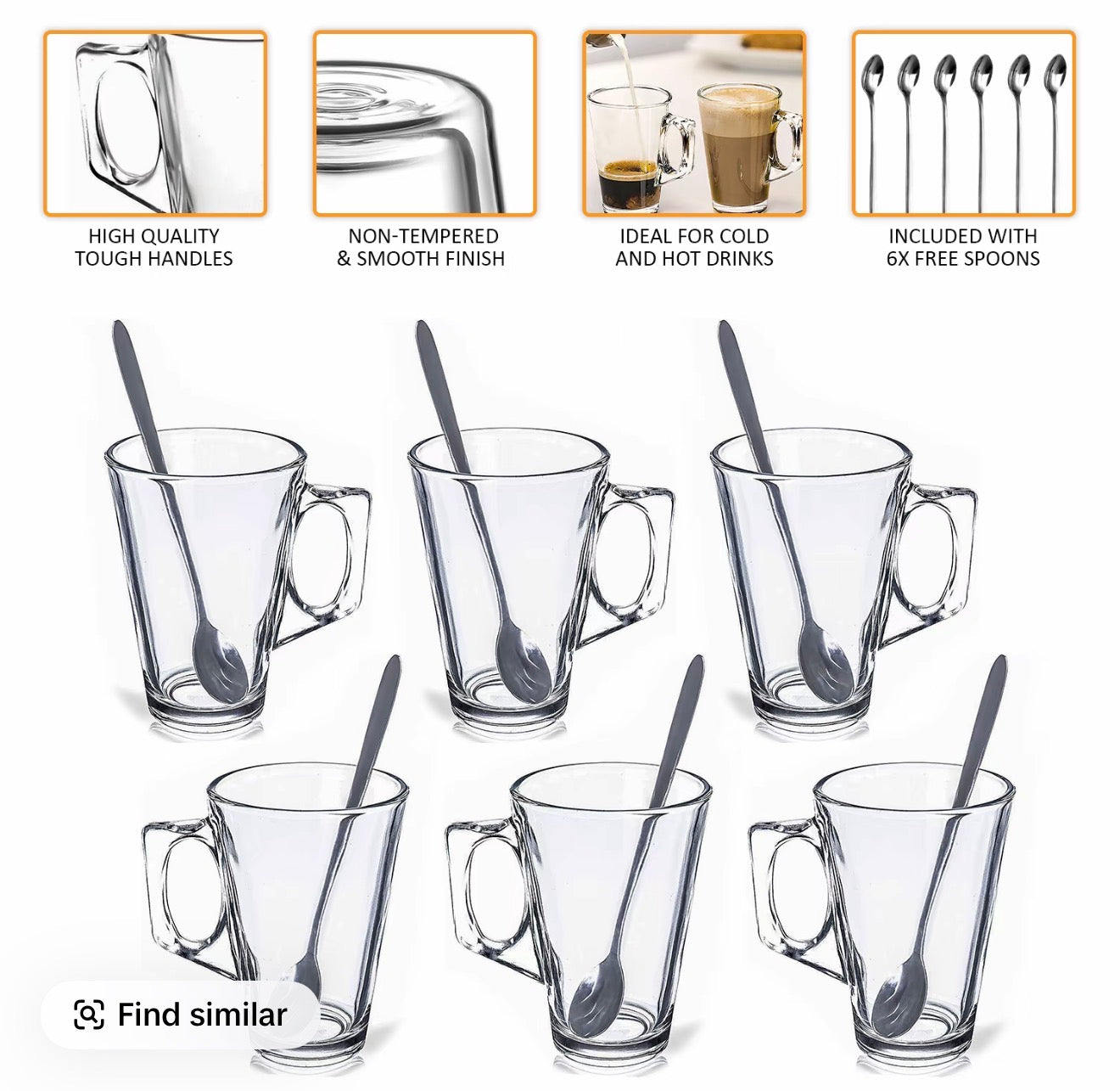 6 Piece Glass Latte Mug Set with Spoons | Premium Clear Coffee Glasses | Modern Tea, Latte & Cappuccino Cups | Dishwasher Safe | CozyHomeWare