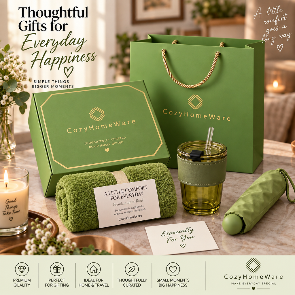 CozyHomeWare Thoughtful Gift Set – 500ml Tumbler, Premium Soft Towel & Compact Umbrella with Luxury Gift Box & Bag