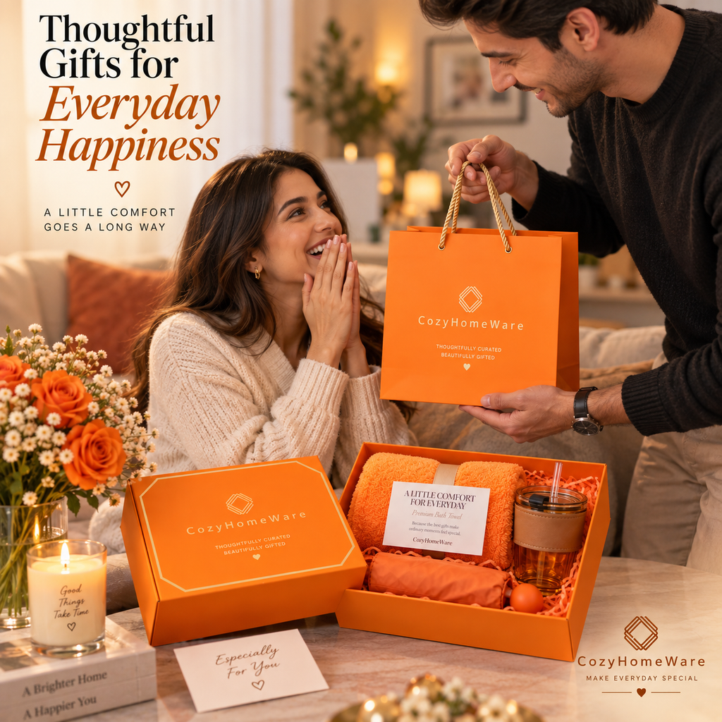 CozyHomeWare Thoughtful Gift Set – 500ml Tumbler, Premium Soft Towel & Compact Umbrella with Luxury Gift Box & Bag