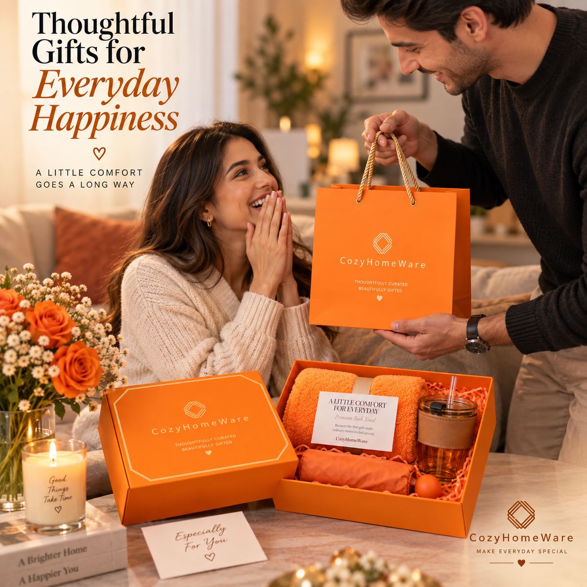 CozyHomeWare Thoughtful Gift Set – 500ml Tumbler, Premium Soft Towel & Compact Umbrella with Luxury Gift Box & Bag