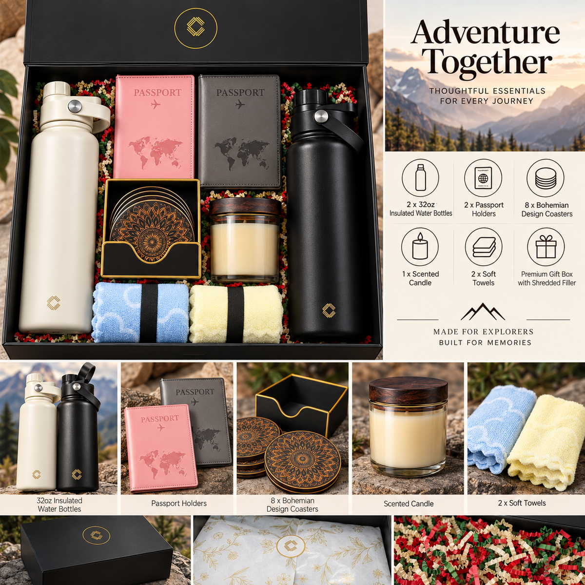 Adventure Together™ Gift Box Includes Flasks, Towels, Candle, Passport Holders and a Premium Magnetic Lid Gift Box