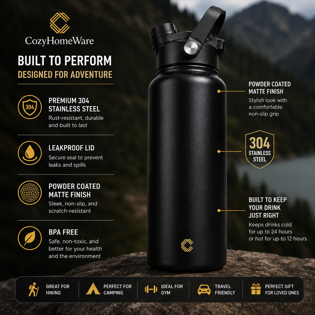 CozyHomeWare 32oz Insulated Stainless Steel Water Bottle – Leakproof Sports Flask