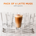 6 Piece Glass Latte Mug Set with Spoons | Premium Clear Coffee Glasses | Modern Tea, Latte & Cappuccino Cups | Dishwasher Safe | CozyHomeWare