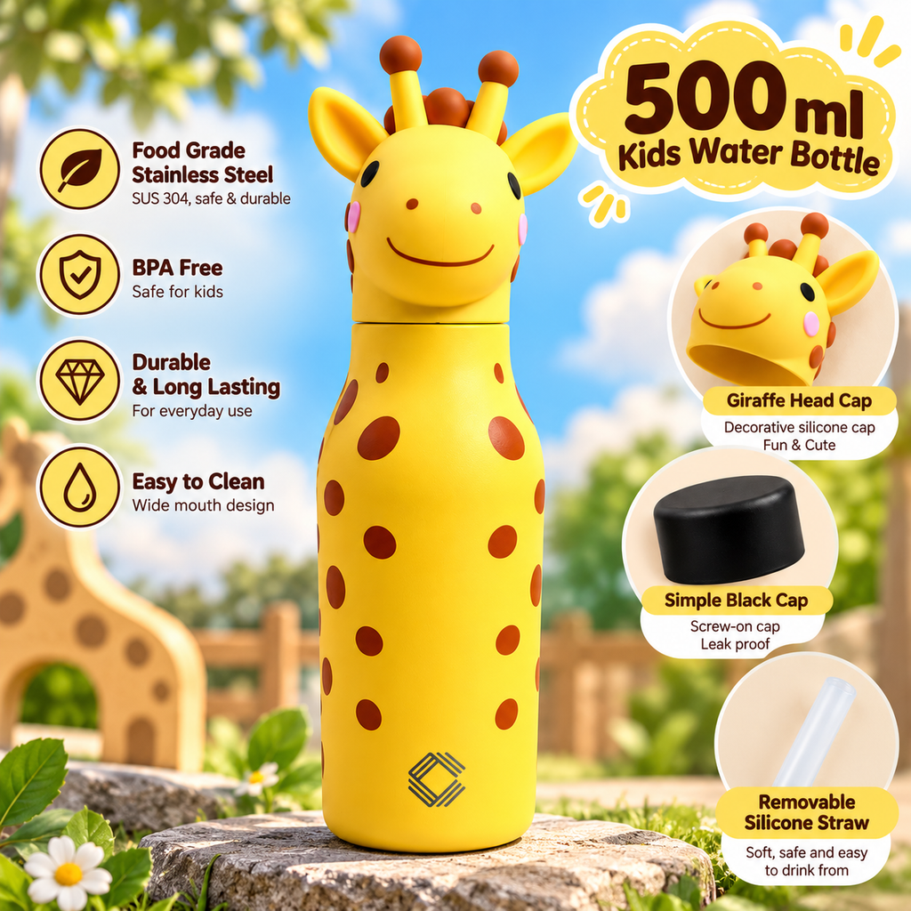 Cute Animal Kids Water Bottle 500ml | Stainless Steel Drinking Bottle with 3D Animal Head Cap