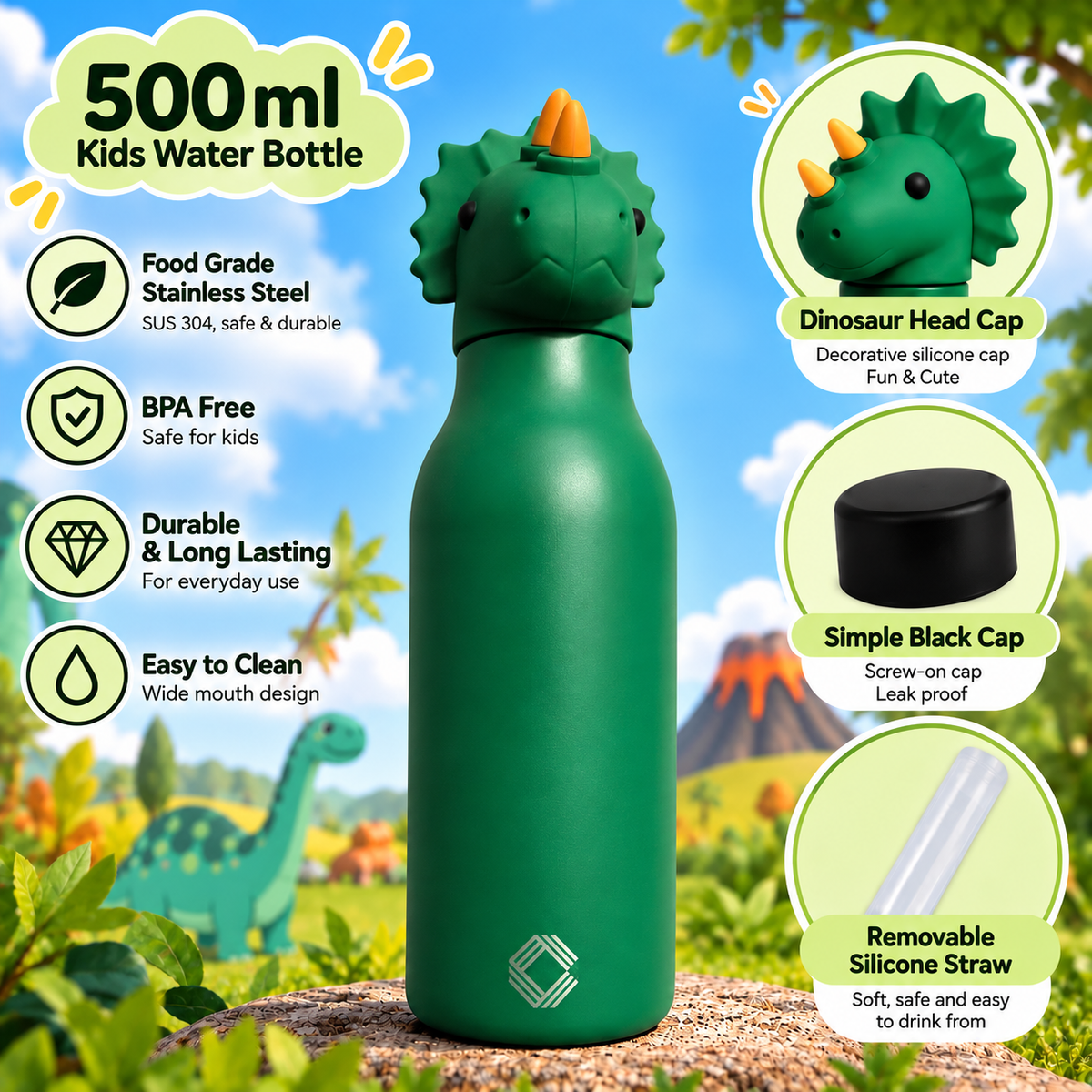 Cute Animal Kids Water Bottle 500ml | Stainless Steel Drinking Bottle with 3D Animal Head Cap