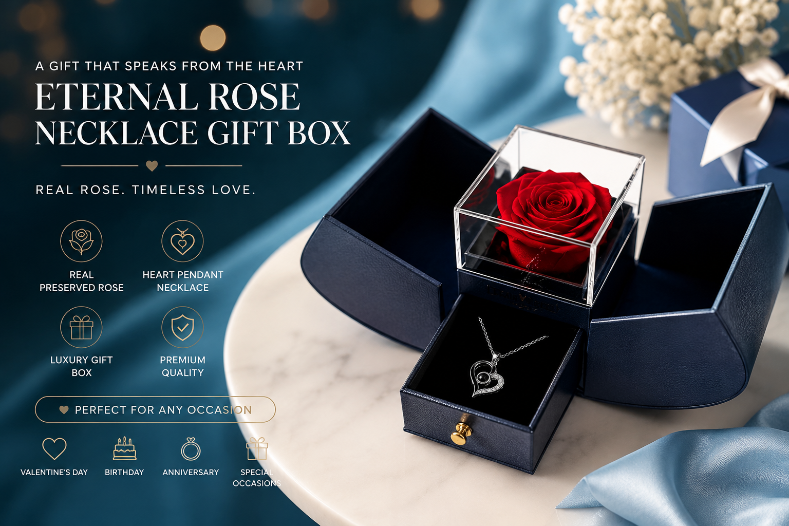Eternal Rose Gift Box with Heart Pendant Necklace | Luxury Romantic Gift for Her | Anniversary, Birthday & Valentine’s Day