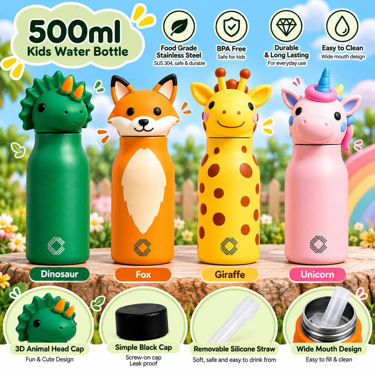 Cute Animal Kids Water Bottle 500ml | Stainless Steel Drinking Bottle with 3D Animal Head Cap