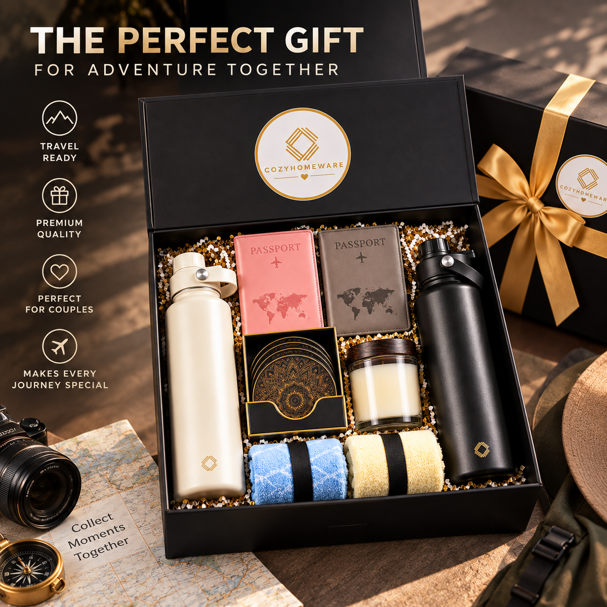 Adventure Together™ Gift Box Includes Flasks, Towels, Candle, Passport Holders and a Premium Magnetic Lid Gift Box