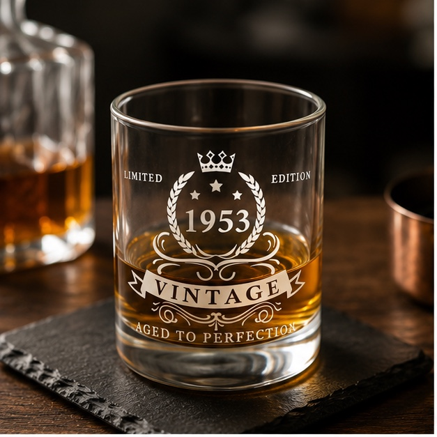Personalised 1953 Vintage Whiskey Glass with Premium Wooden Gift Box | 72nd Birthday Gift for Men | Engraved Scotch & Bourbon Tumbler