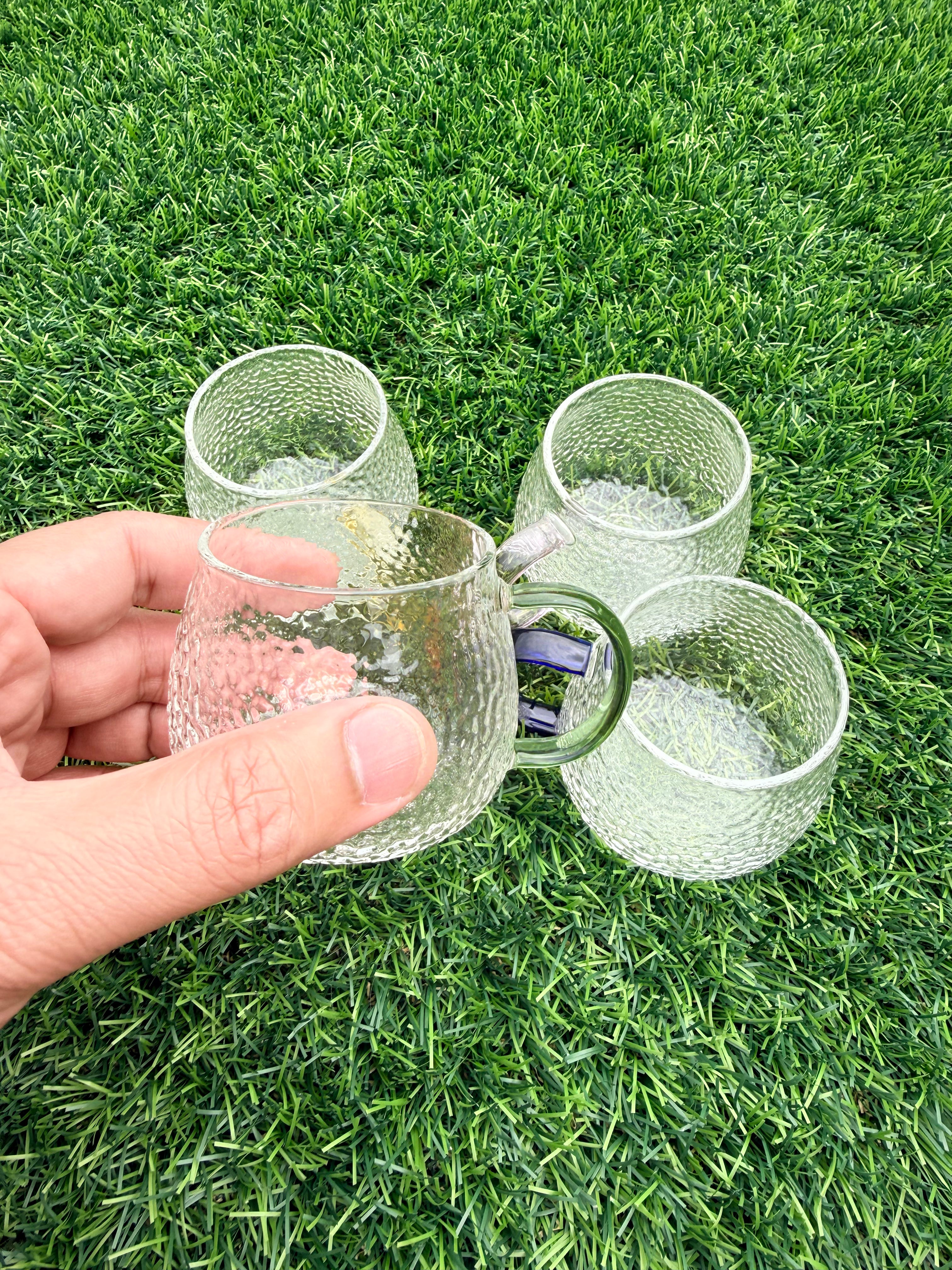 Textured Glass Coffee Mug Set with Colour Handles | Modern Glass Tea Cups (Set of 4)