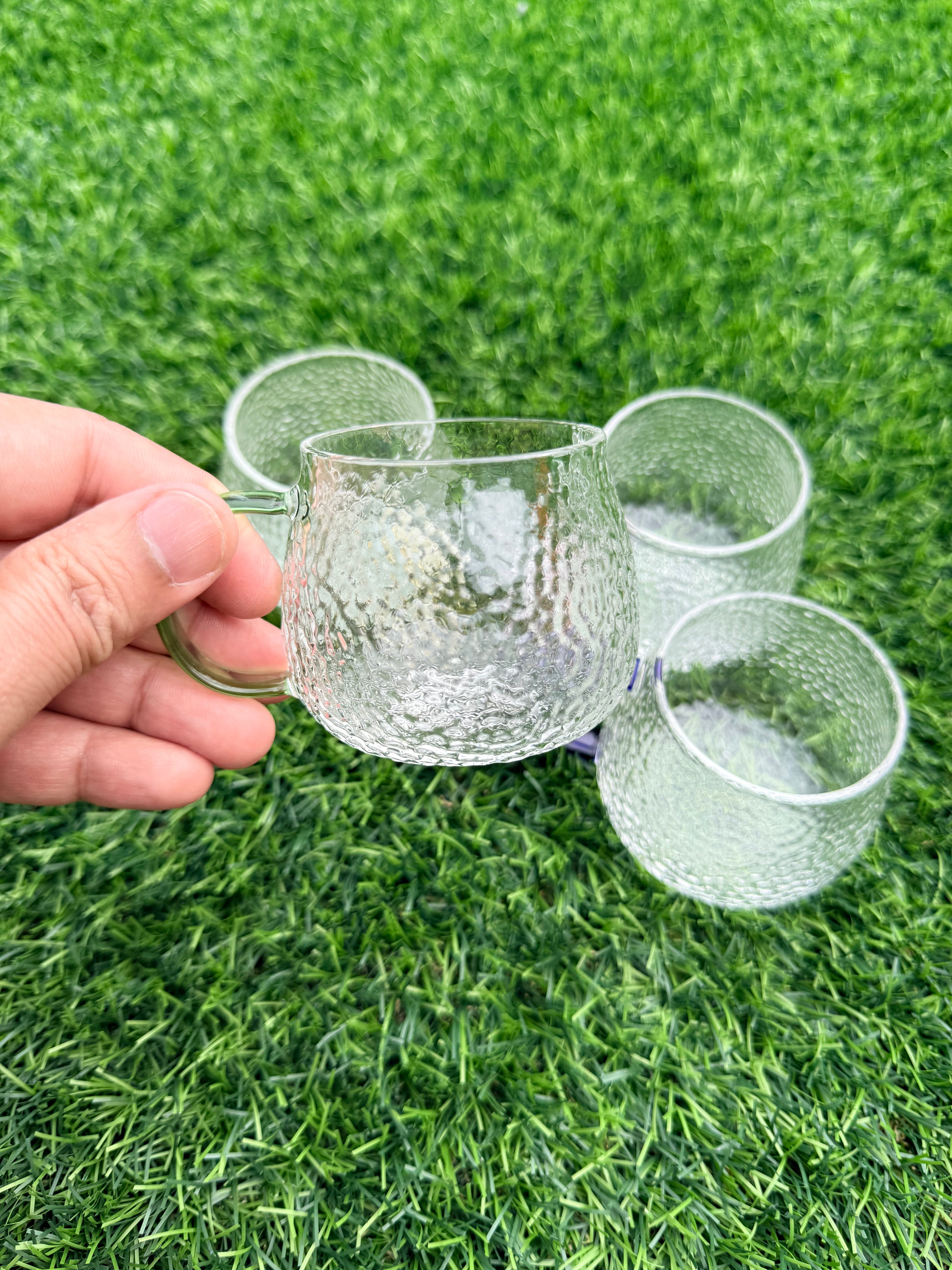 Textured Glass Coffee Mug Set with Colour Handles | Modern Glass Tea Cups (Set of 4)