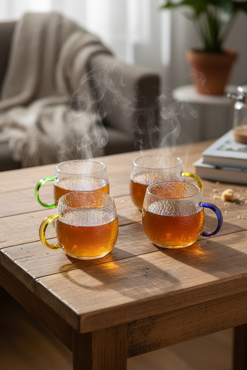Textured Glass Coffee Mug Set with Colour Handles | Modern Glass Tea Cups (Set of 4)