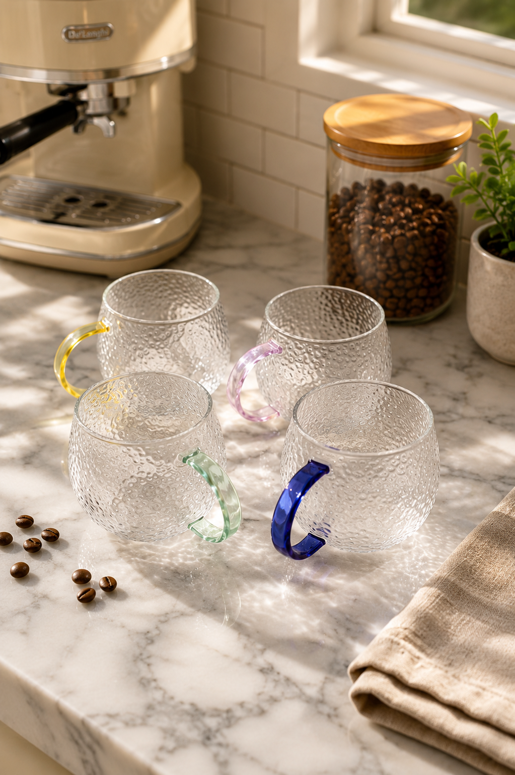 Textured Glass Coffee Mug Set with Colour Handles | Modern Glass Tea Cups (Set of 4)