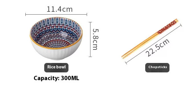 Bohemian Style Ceramic Bowl & Chopsticks Gift Set – 2 Colourful Ramen Bowls