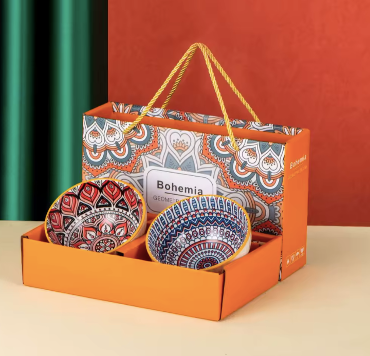 Bohemian Style Ceramic Bowl & Chopsticks Gift Set – 2 Colourful Ramen Bowls