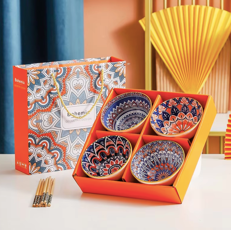 Bohemian Ceramic Ramen Bowl Gift Set – 4 Patterned Bowls, 4 Chopsticks, Dishwasher Safe Tableware Set
