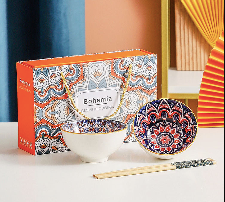 Bohemian Style Ceramic Bowl & Chopsticks Gift Set – 2 Colourful Ramen Bowls