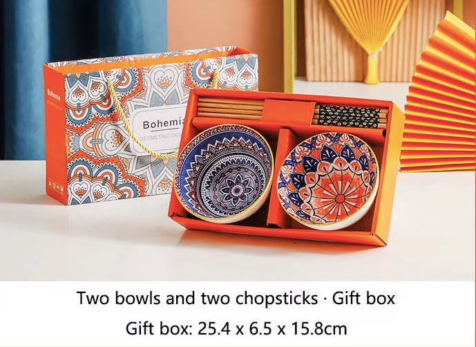 Bohemian Style Ceramic Bowl & Chopsticks Gift Set – 2 Colourful Ramen Bowls
