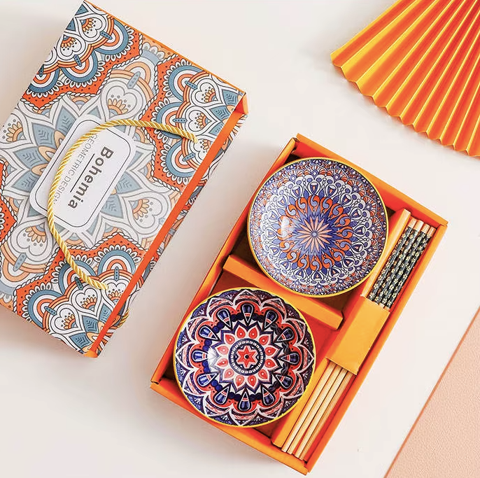 Bohemian Style Ceramic Bowl & Chopsticks Gift Set – 2 Colourful Ramen Bowls