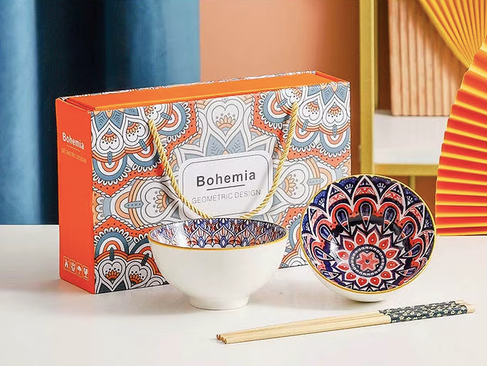 Bohemian Style Ceramic Bowl & Chopsticks Gift Set – 2 Colourful Ramen Bowls