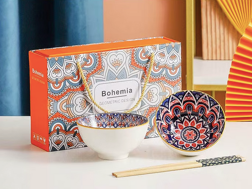 Bohemian Style Ceramic Bowl & Chopsticks Gift Set – 2 Colourful Ramen Bowls