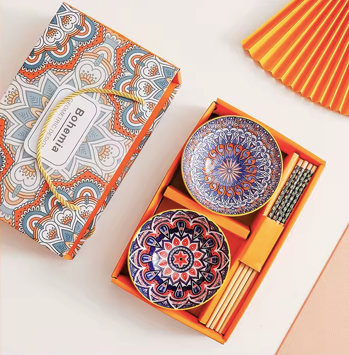Bohemian Style Ceramic Bowl & Chopsticks Gift Set – 2 Colourful Ramen Bowls