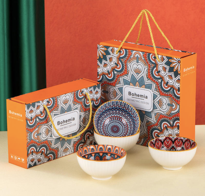 Bohemian Ceramic Ramen Bowl Gift Set – 4 Patterned Bowls, 4 Chopsticks, Dishwasher Safe Tableware Set