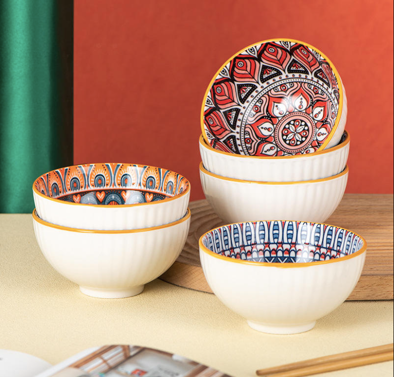 Bohemian Ceramic Ramen Bowl Gift Set – 4 Patterned Bowls, 4 Chopsticks, Dishwasher Safe Tableware Set