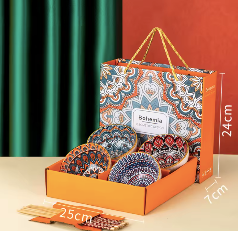 Bohemian Ceramic Ramen Bowl Gift Set – 4 Patterned Bowls, 4 Chopsticks, Dishwasher Safe Tableware Set