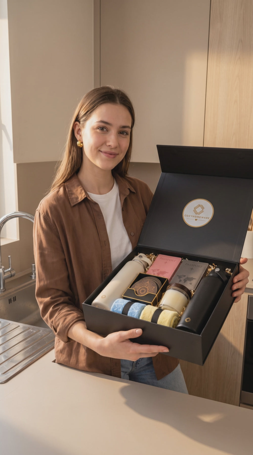 Adventure Together™ Gift Box Includes Flasks, Towels, Candle, Passport Holders and a Premium Magnetic Lid Gift Box